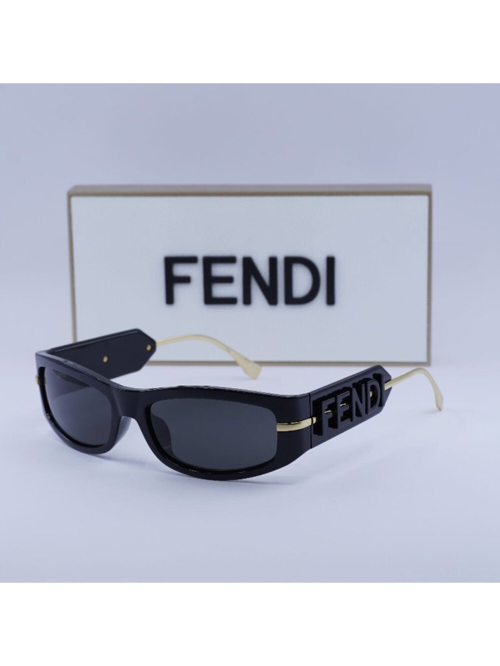 Fendi FE40120I 01A Rectangle Sunglasses - Black / Gold / Smoke